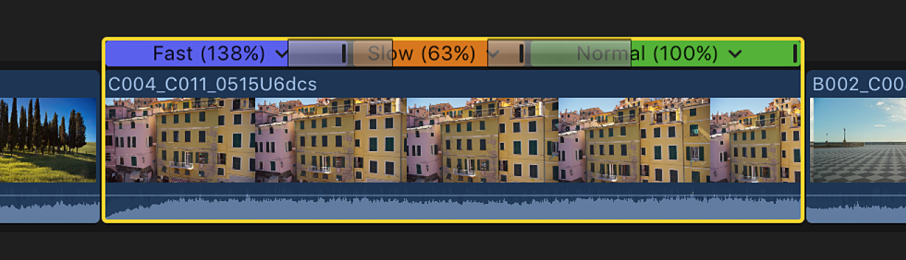 The timeline showing a clip with speed transitions applied between speed segments
