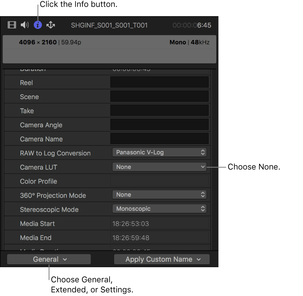 The Info inspector in the General metadata view, with Camera LUT set to None