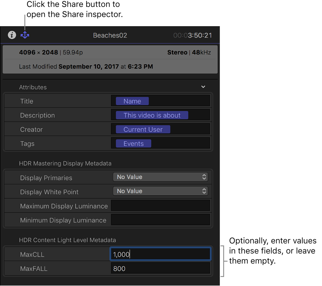 The Share inspector, showing Wide Gamut HDR - Rec. 2020 PQ metadata fields