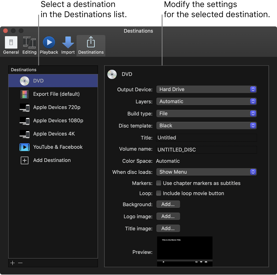 The Destinations pane of the Final Cut Pro Settings window showing the DVD destination selected in the list on the left
