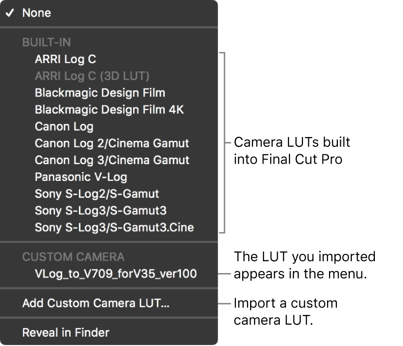 The Camera LUT pop-up menu