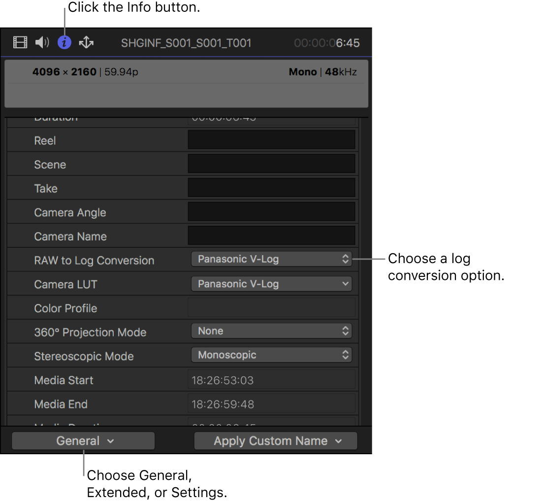 The Info inspector showing the RAW to Log Conversion setting available in the General metadata view