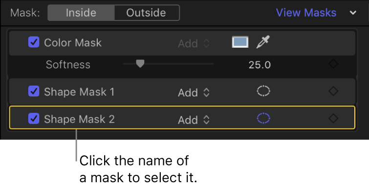 The mask section of the Color inspector showing a selected Shape Mask item