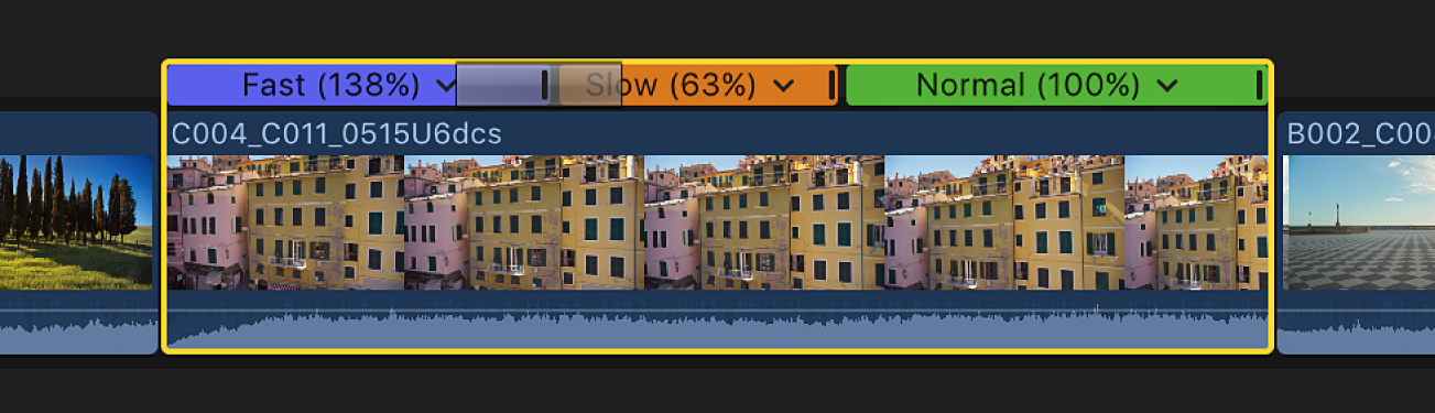 The timeline showing a clip with three speed segments and one speed transition