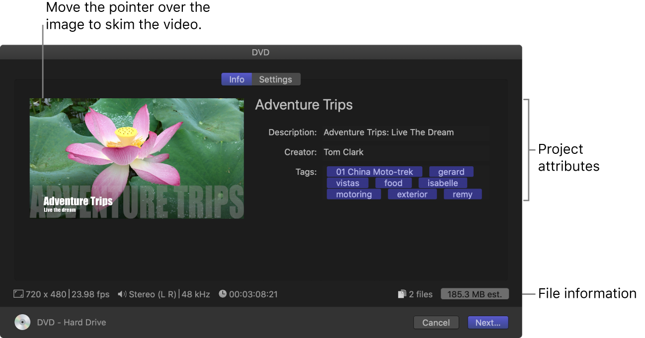 The Info pane of the Share window for the DVD destination