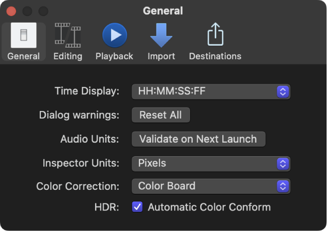 The General pane of the Final Cut Pro Settings window
