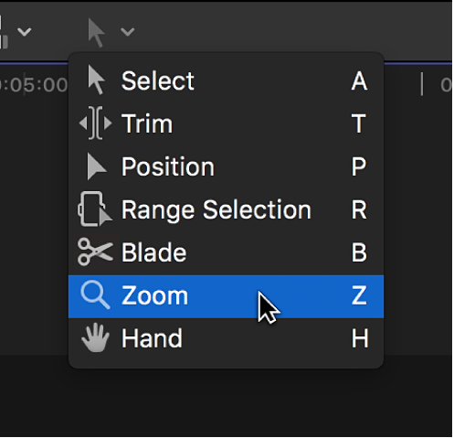 The Zoom tool in the Tools pop-up menu