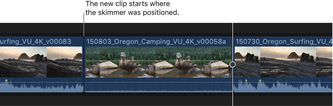 The browser clip shown added to the timeline starting at the skimmer position