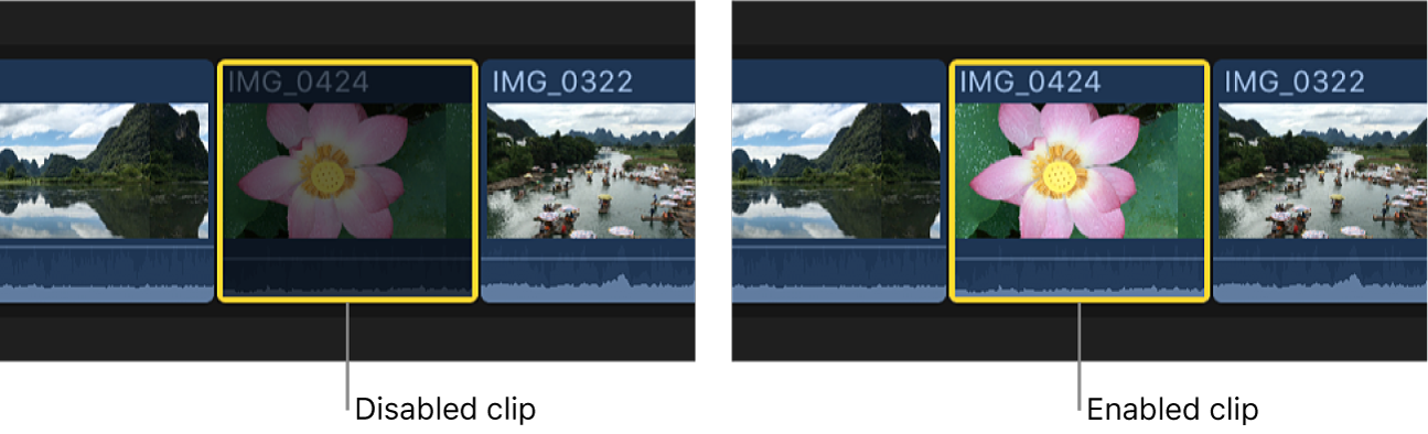 タイムラインで同じクリップが無効になっている状態と有効になっている状態