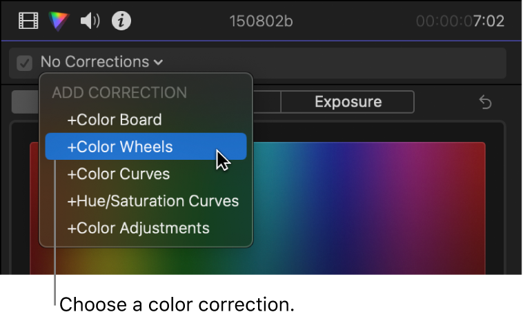 「カラー」インスペクタの上部にあるポップアップメニューの「補正を追加」セクション。色補正エフェクトが表示されている