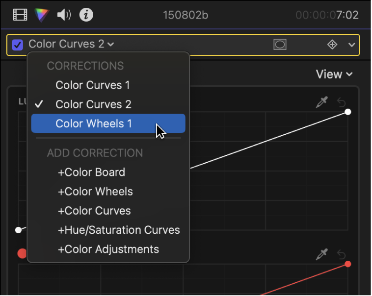 「カラー」インスペクタの上部にあるポップアップメニュー。クリップに追加された色補正エフェクトが表示されている