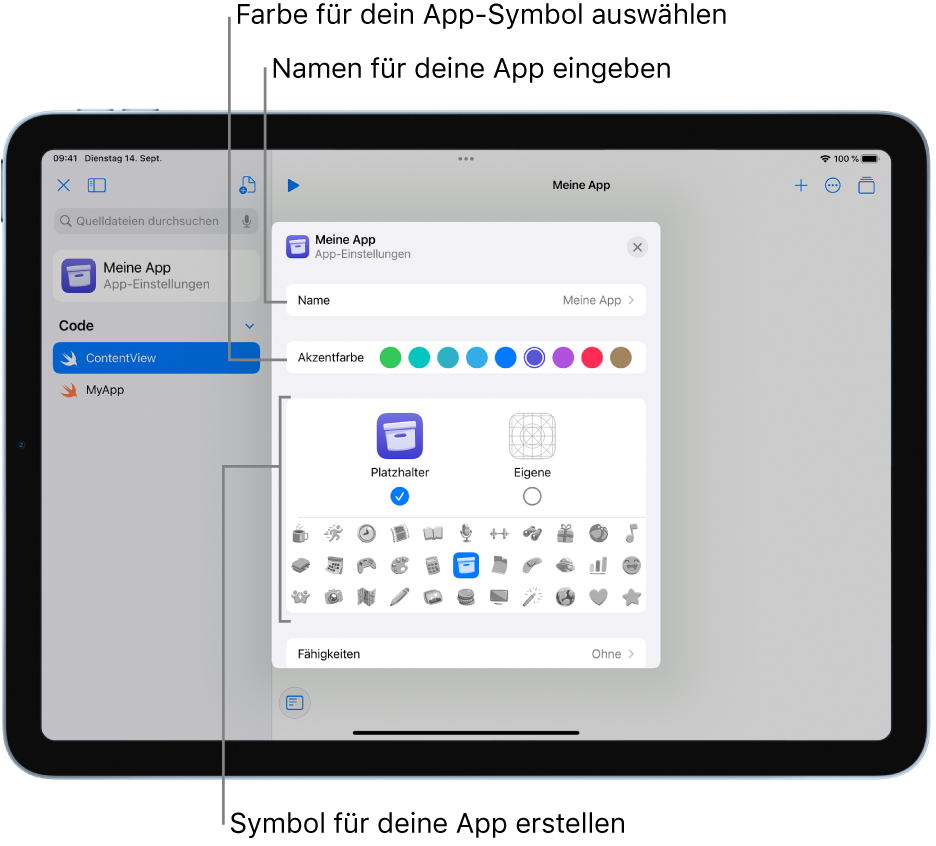 Das Fenster „App-Einstellungen“ mit dem Namen der App, Farben und Medien, mit denen ein App-Symbol erstellt werden kann.
