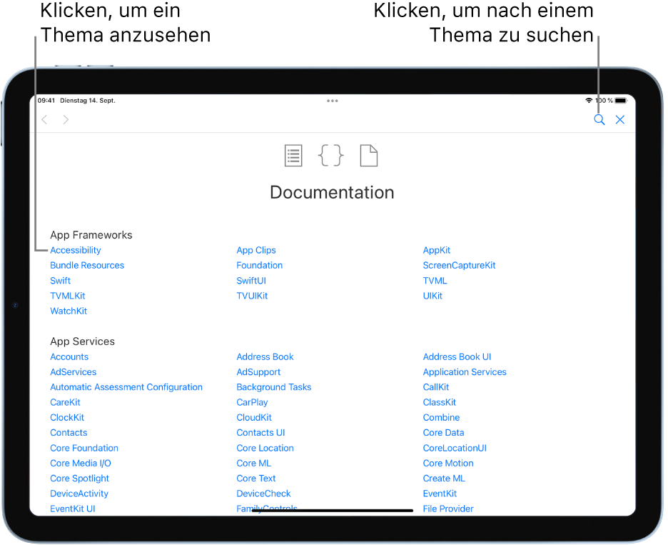 Die Seite „Inhaltsverzeichnis“ in der Swift-Dokumentation mit dem Suchsymbol sowie den Themen, die angezeigt werden, wenn du darauf tippst.