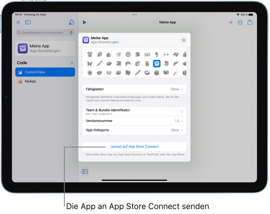Das Fenster „App-Einstellungen“ für eine neue App. Du kannst die Steuerelemente in diesem Fenster verwenden, um deine App zu identifizieren und zu App Store Connect hochzuladen.