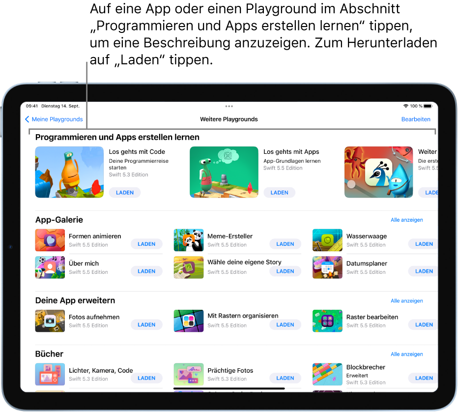 Der Bildschirm „Weitere Playgrounds“ zeigt die Playgrounds und Tutorial-Apps im Abschnitt „Programmieren und Apps erstellen lernen“.