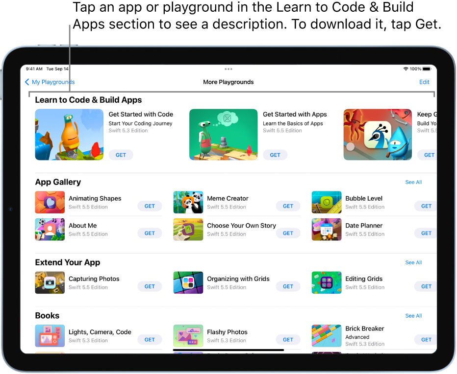 The More Playgrounds screen, showing the playgrounds and tutorial apps in the Learn to Code & Build Apps section.