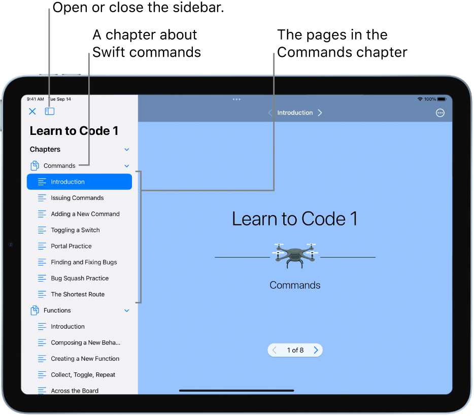 The first slide of the Introduction to the Commands chapter in the Learn to Code 1 playground. The sidebar is open, showing the chapters and pages in the playground.