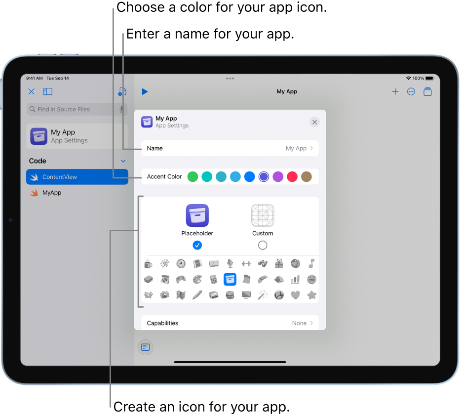 The App Settings window, showing the name of the app, colors, and art that can be used to create an app icon.