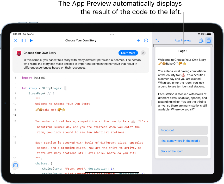 A date planner app, showing two tabs open at the top, sample code on the left side, a Welcome message with a Learn button above the code, and the result of the code in the App Preview on the right.