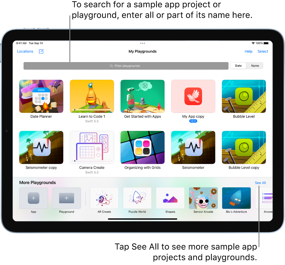 The My Playgrounds screen, showing the app projects and playgrounds you’ve downloaded or created, and the filter field at the top, where you can enter part or all of a playground’s name to show only content whose names contain that text. The See All button, which takes you to the More Playgrounds screen, is near the bottom right.
