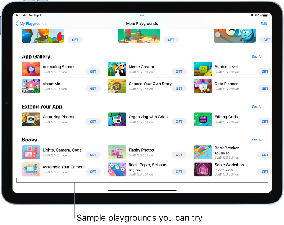 The My Playgrounds screen. At the bottom is the Books section, showing several playgrounds you can try.
