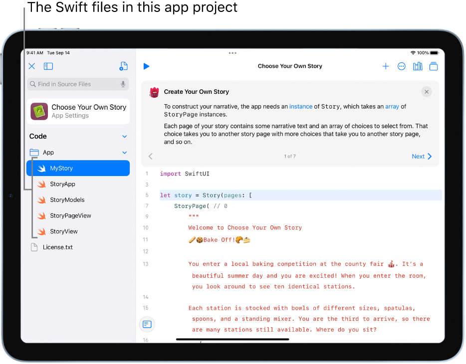 A screen showing an open sample app called Choose Your Own Story. The coding area is visible and the left sidebar is open, showing the Swift files in the app.