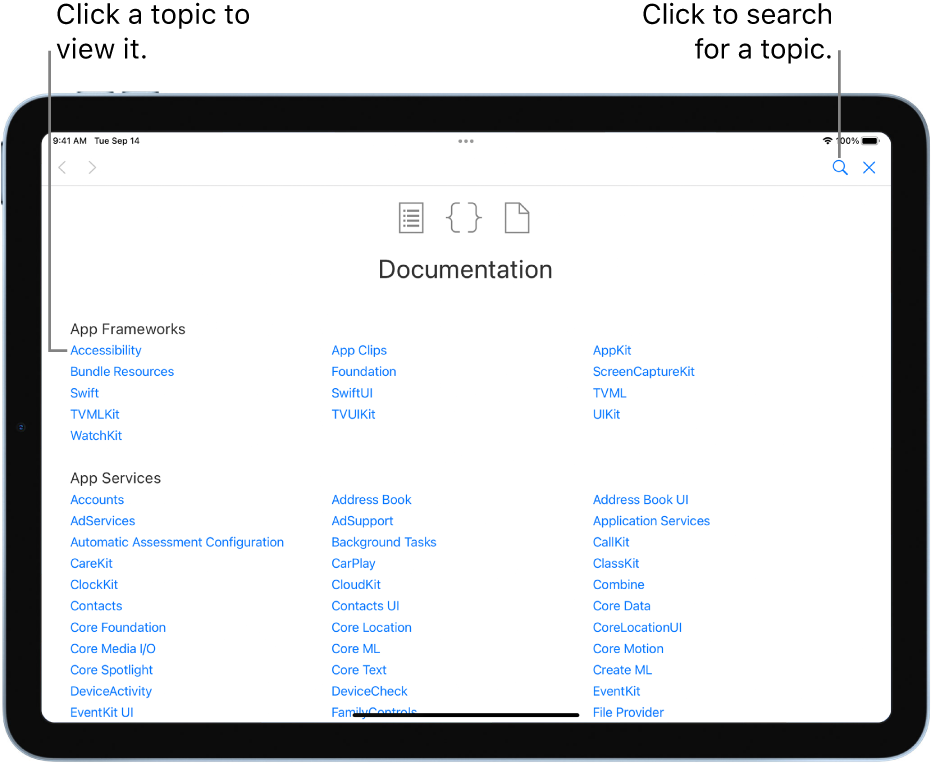 The Table of Contents page in the Swift Documentation, showing the search icon and topics you can tap to read.