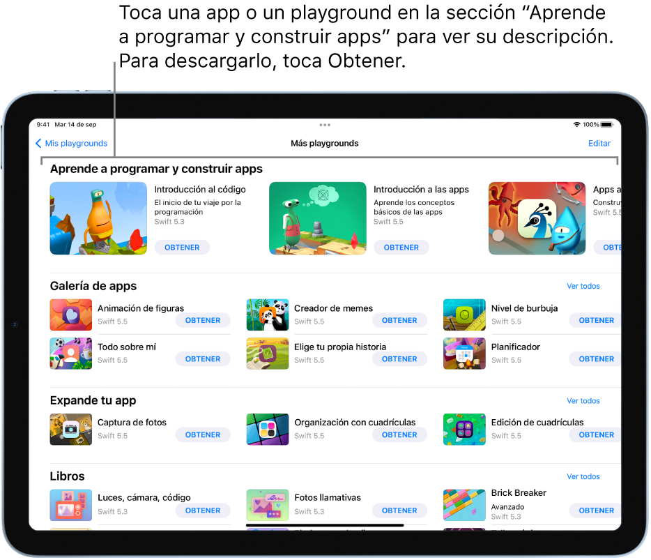 La pantalla Más playgrounds mostrando los playgrounds y tutoriales de app de la sección “Aprende a programar y construir apps”.