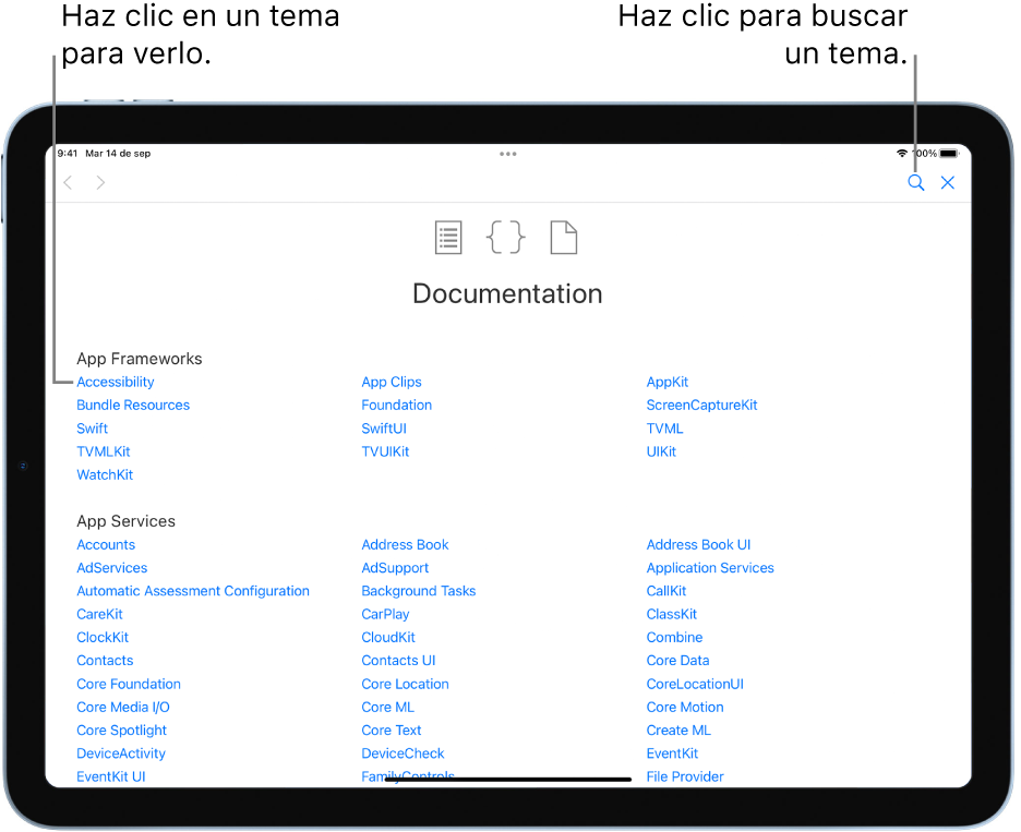 La tabla de contenidos de la documentación de Swift mostrando el ícono de búsqueda y los temas que puedes seleccionar para leer.
