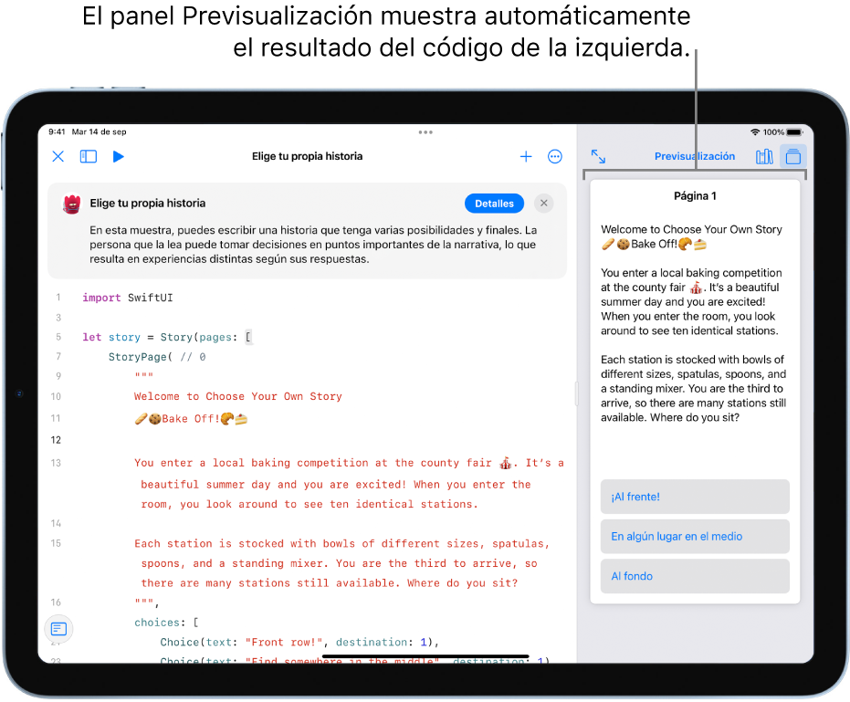 Una app para escribir historias con el panel Previsualización abierto en la barra lateral derecha, y el resultado del código en el área de código ubicada en el lado izquierdo.
