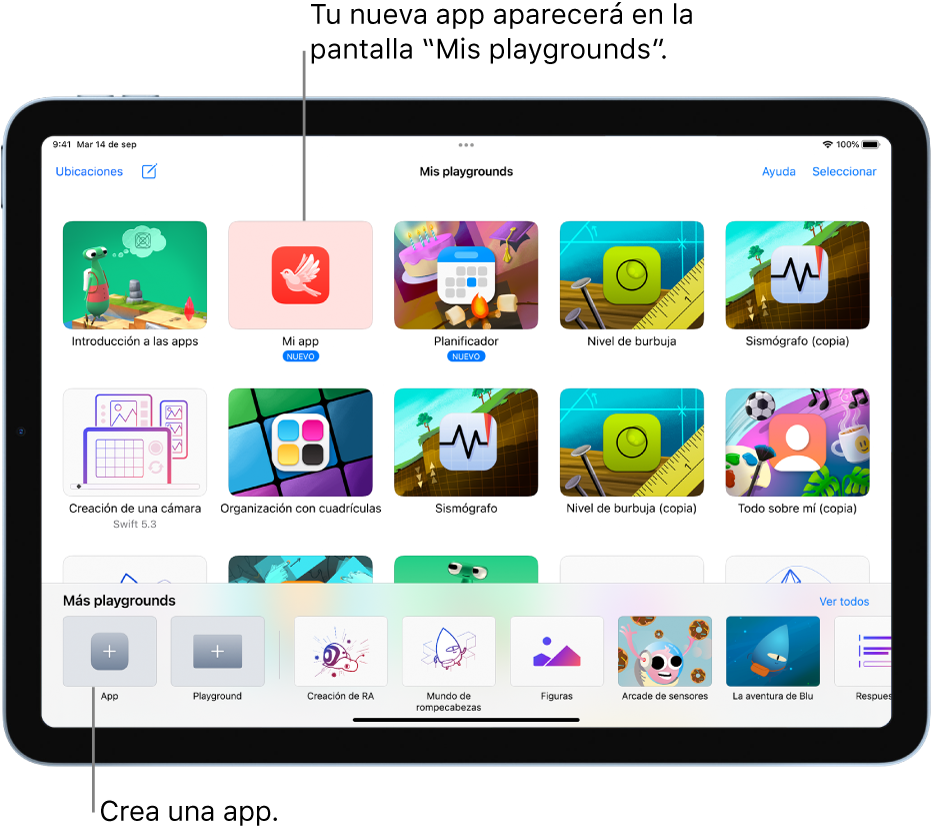 La pantalla “Mis playgrounds”. En el área inferior izquierda se encuentra el botón App, que sirve para empezar a crear una app.