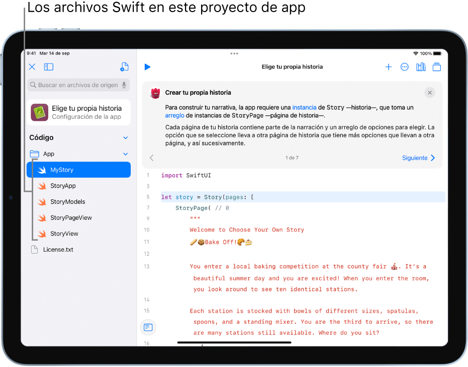 Una pantalla muestra una app de ejemplo abierta llamada “Elige tu propia historia”. Se puede ver el área de código. La barra lateral izquierda está abierta y muestra los archivos de Swift de la app.