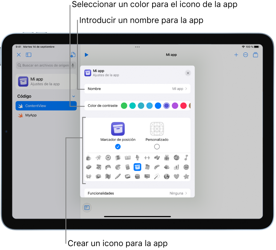 La ventana “Ajustes de la app”, que muestra el nombre de la app, los colores y las ilustraciones que se pueden usar para crear el icono de una app.