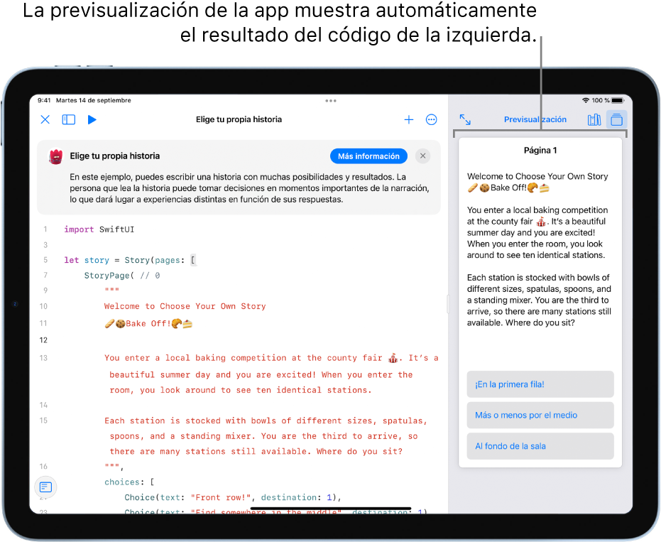 Una app de agenda, que muestra dos pestañas abiertas en la parte superior, el código de ejemplo en el lado izquierdo, un mensaje de bienvenida con el botón Aprender encima del código, y el resultado del código en la previsualización de la app a la derecha.