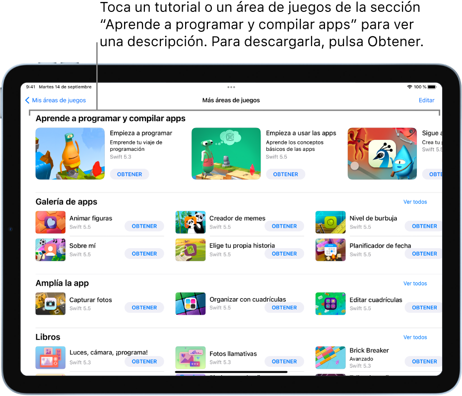La pantalla “Más áreas de juegos” con las áreas de juegos y tutoriales de apps de la sección “Aprende a programar y compilar apps”.