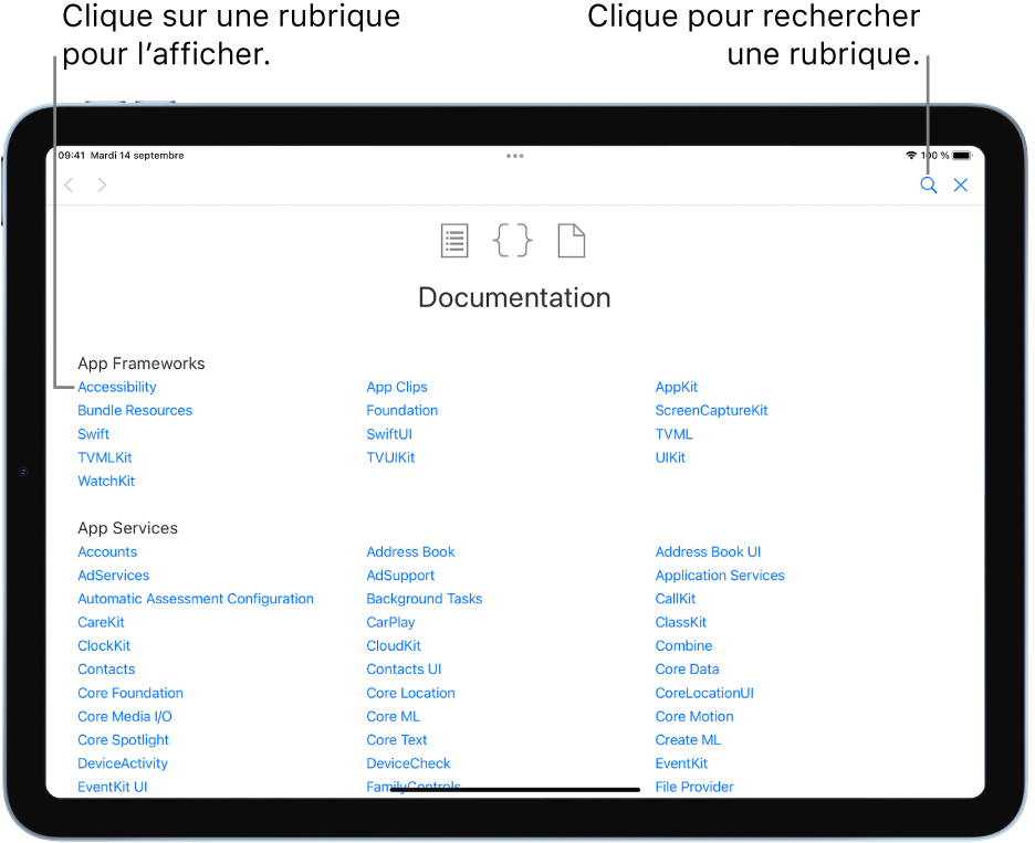 La page Table des matières de la documentation Swift, affichant l’icône de recherche et les rubriques auxquelles tu peux accéder en les touchant.