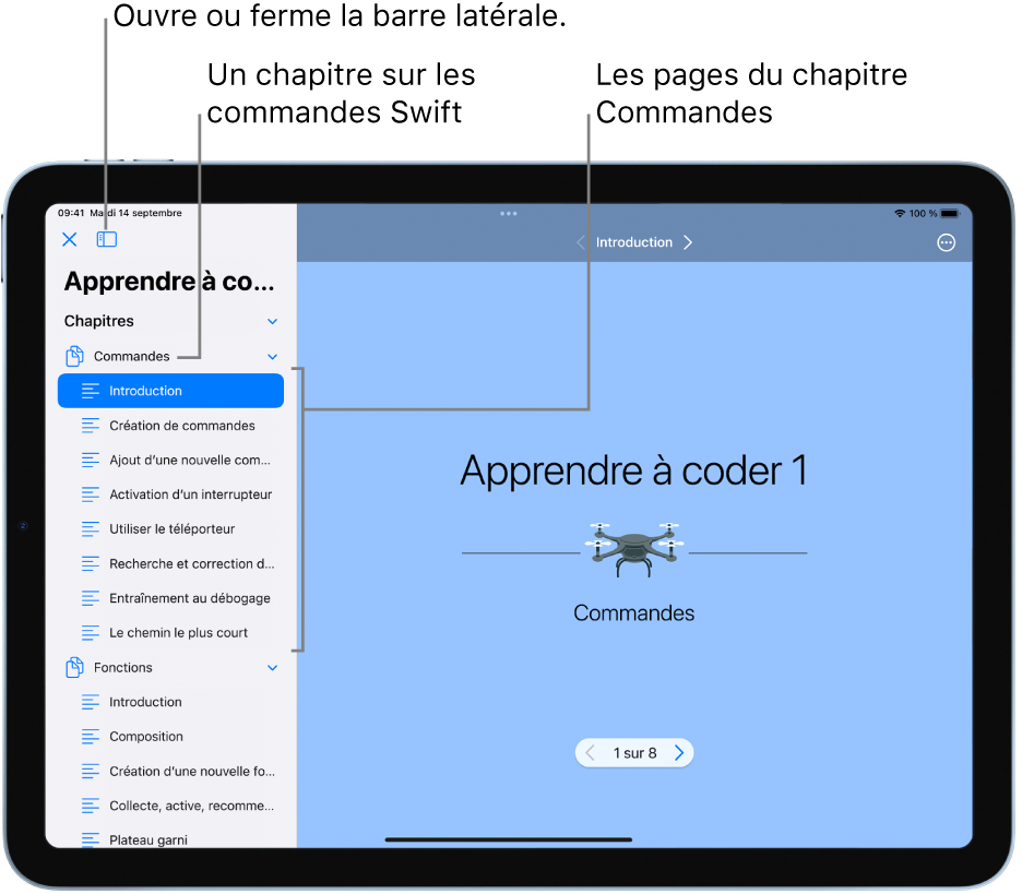 La première diapositive du chapitre « Introduction aux commandes » dans le playground « Apprendre à coder 1 ». La barre latérale est ouverte et montre les chapitres et les pages du playground.