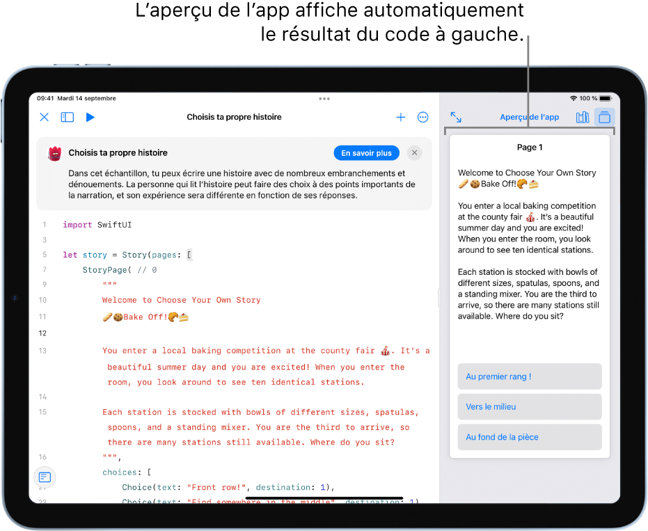 Un app de rédaction d’histoires avec l’aperçu d’app qui montre la barre latérale de droite, affichant le résultat du code dans la zone de codage à gauche.