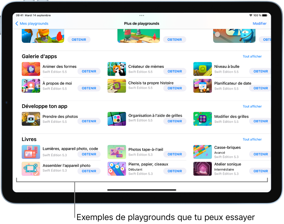 L’écran « Mes playgrounds ». La section Livres se trouve en bas et affiche plusieurs playgrounds que tu peux essayer.