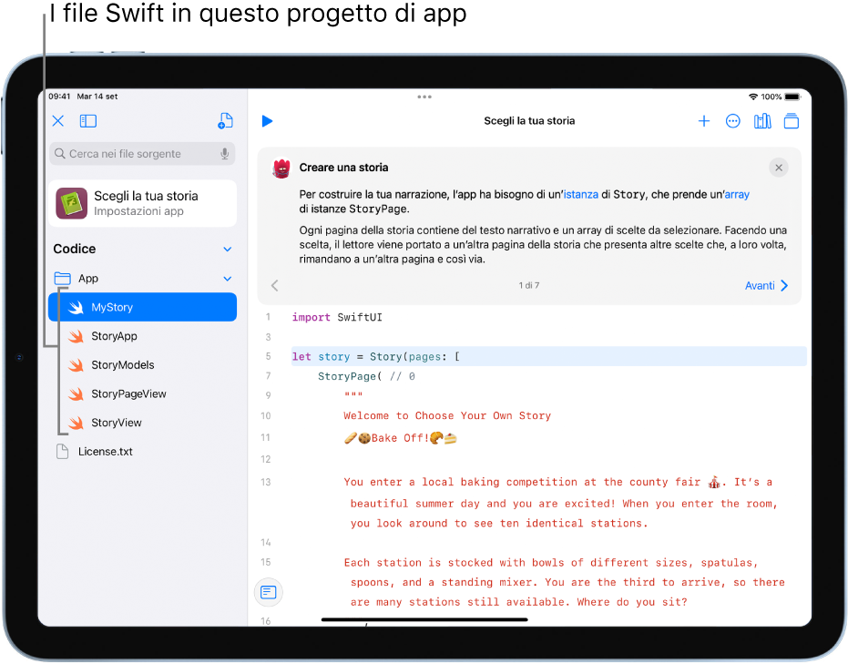 Una schermata che mostra un'app di esempio aperta che si chiama “Scegli la tua storia”. Viene mostrata l'area di programmazione; la barra laterale sinistra è aperta e mostra i file Swift nell'app.