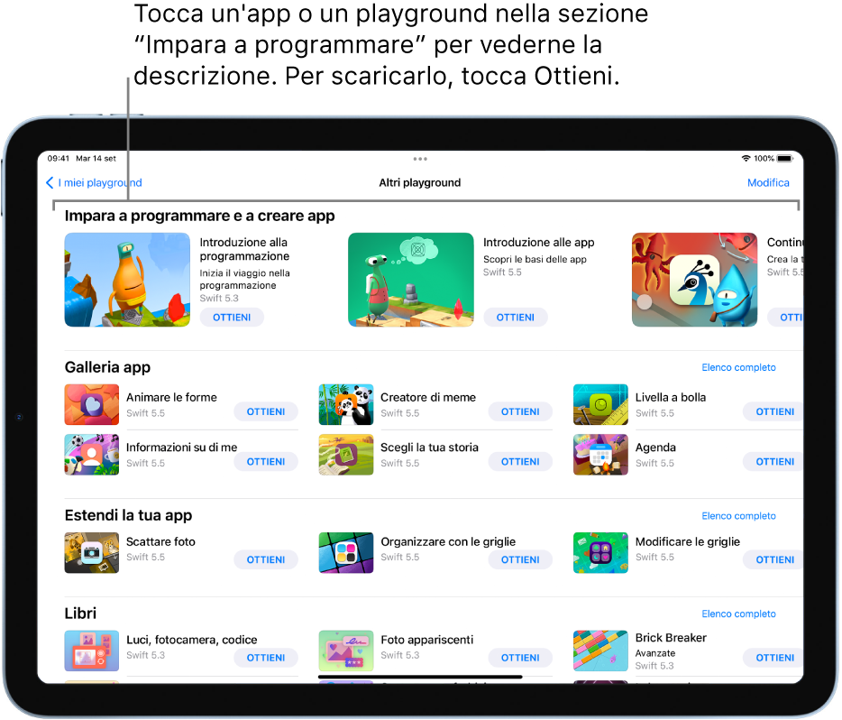 La schermata “Altri playground”, che mostra i playground e le app di esempio nella sezione “Impara a programmare e a creare app”.