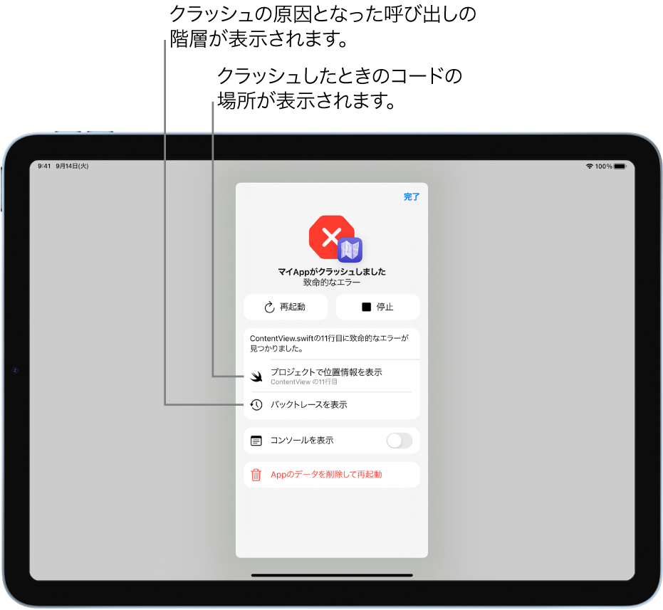 Appのコード内のバグに関する情報を示したクラッシュパネルが表示されている画面。