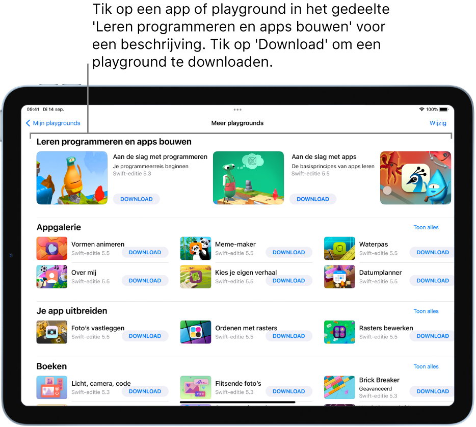 Het scherm 'Meer playgrounds' met de playgrounds en oefenapps in het gedeelte 'Leren programmeren en apps bouwen'.