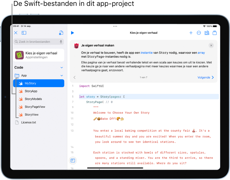 Een scherm met de geopende voorbeeldapp 'Kies je eigen verhaal'. Het programmeergedeelte is zichtbaar en in de geopende linkerzijkolom worden de Swift-bestanden van de app weergegeven.