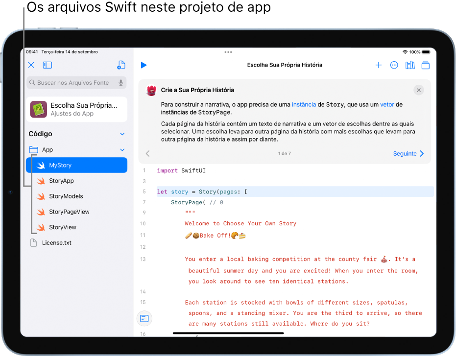 Tela mostrando uma amostra de app aberta, chamada Escolha Sua Própria História. A área de programação está visível e a barra lateral esquerda está aberta, mostrando os arquivos Swift do app.