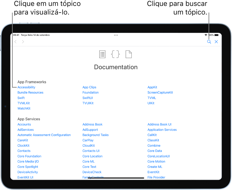 Página do Índice da Documentação do Swift mostrando o ícone de busca e temas que você pode tocar para ler.