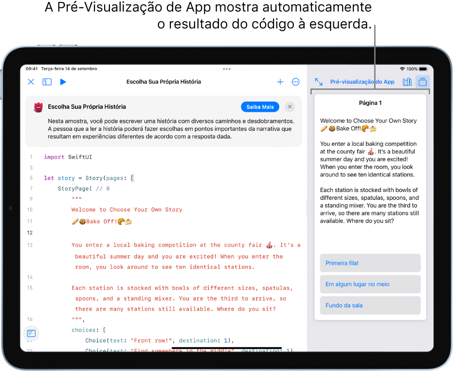 Um app de escrita de histórias com a Pré‑visualização do App aparecendo na barra lateral direita, mostrando o resultado do código na área de código à esquerda.