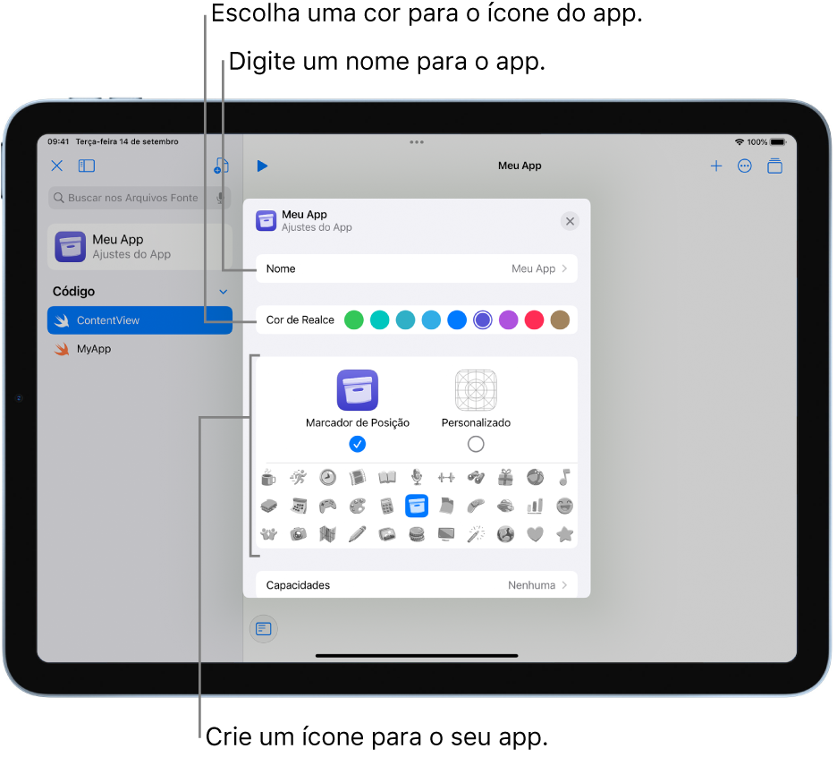 Janela Ajustes do App mostrando o nome do app, cores e arte que podem ser usados para criar um ícone de app.