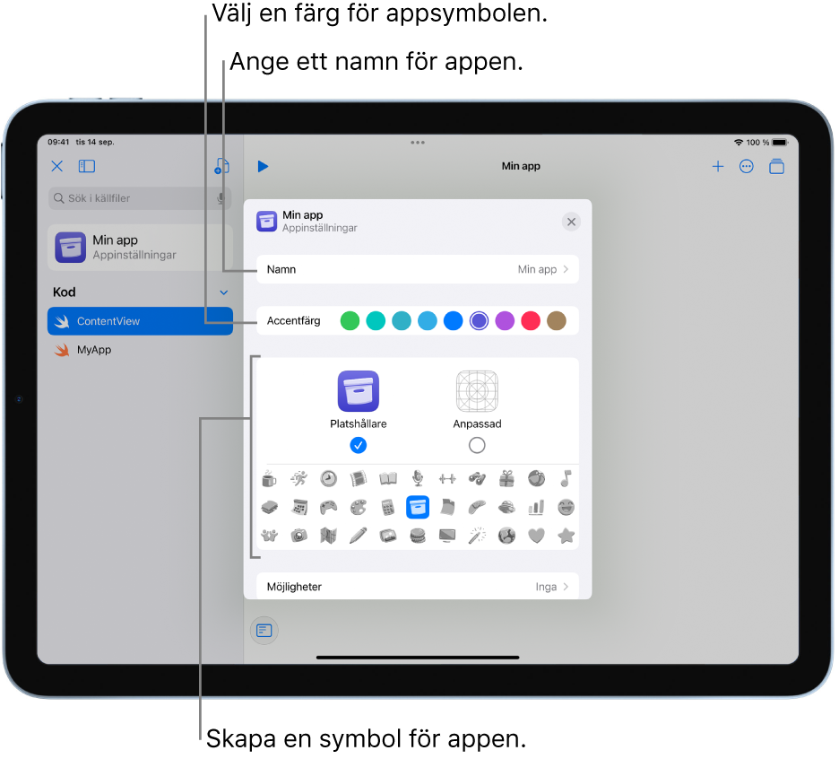 Fönstret Appinställningar som visar namnet på appen, färger och bildmaterial som kan användas till att skapa en appsymbol.