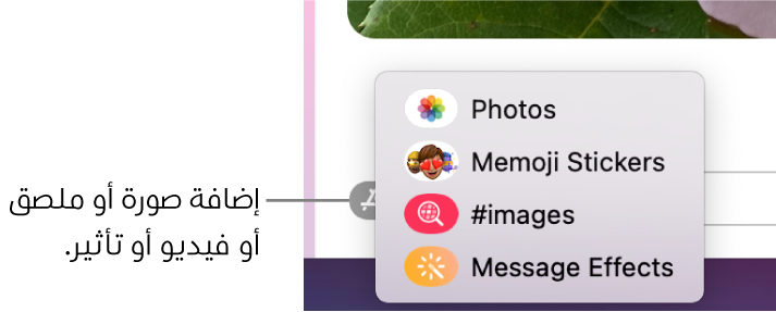 قائمة التطبيقات بها خيارات لعرض الصور وملصقات ميموجي وصور GIF وتأثيرات الرسائل.